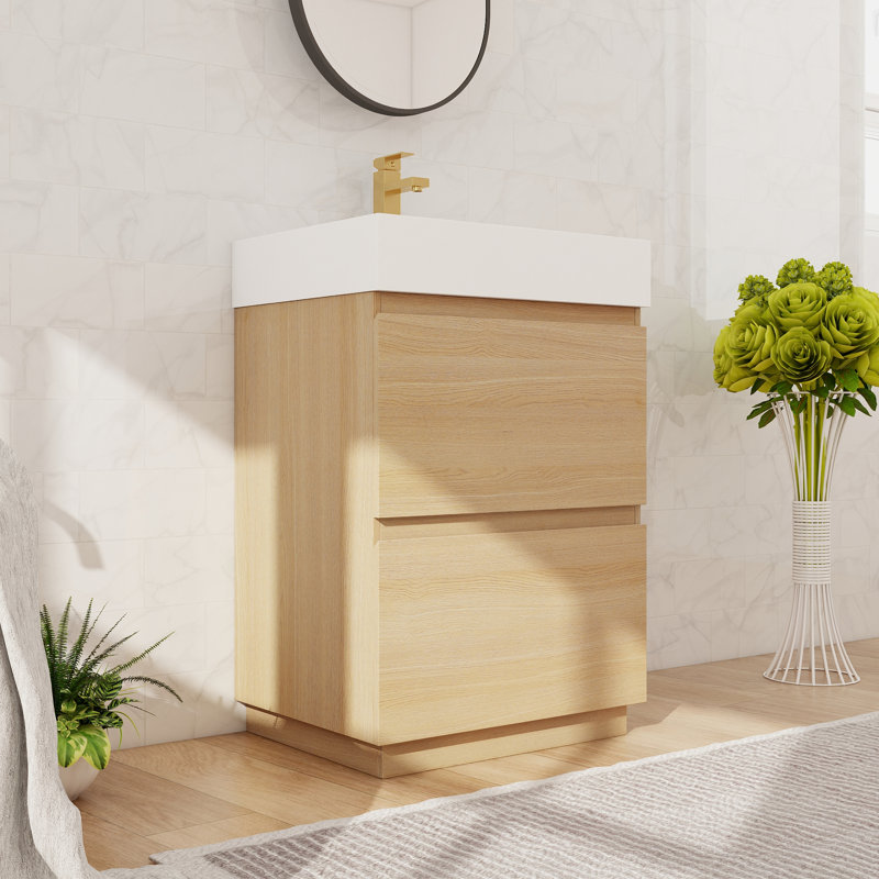 Ensemble de meuble-lavabo sur pied simple 24 po, meuble-lavabo sur pied avec lavabo en résine, 2 tiroirs, Beige, 24"