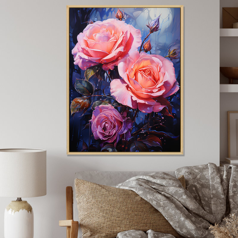 Fleur de néon rose sur toile, H 40 po x l 30 po x P 1,5 po, Cadre naturel flottant