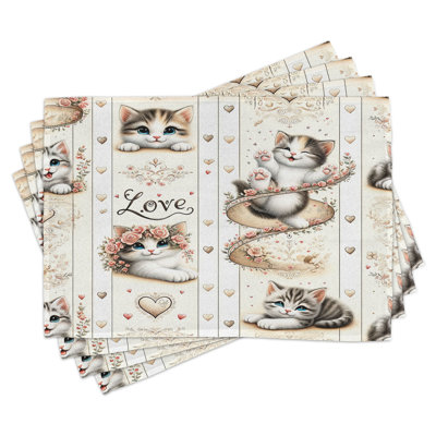 Ambesonne Cat Place Mats Set of 4 Vintage Smiling Blue Eyed Kitty Standard Ivory Pale Brown Grey -  ser_429897