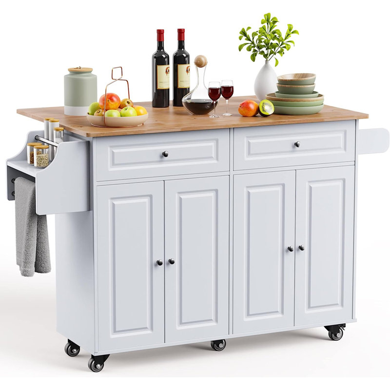 Îlot de cuisine en bois massif, Base blanche / comptoir brun