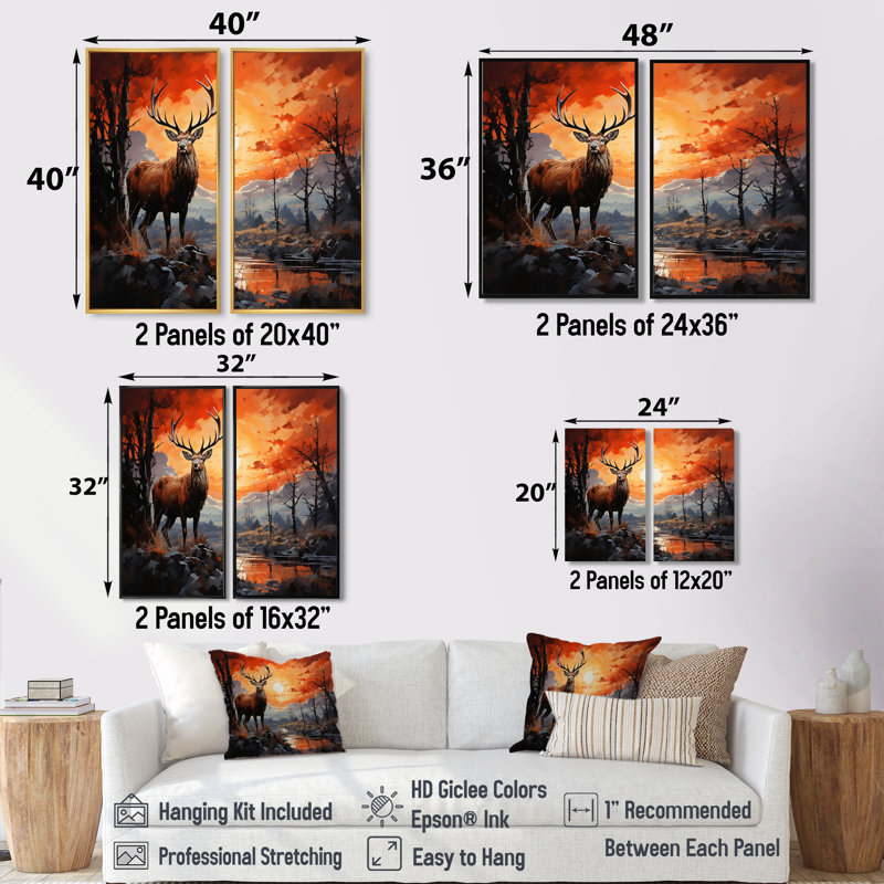 Silhouette de cerf audacieux - ensemble d'art mural moderne de 2, 20" H x 24" W, Wrapped Canvas, Does Not Apply