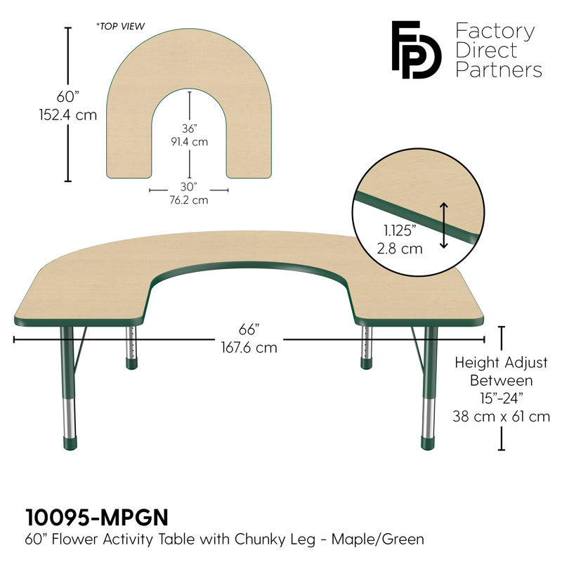 Table d'activité 60 "x 66" en forme de T avec pieds réglables, Érable / vert, Épais, Maple