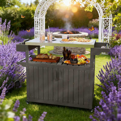 Plateau de table extérieur pratique, chariot-bar extérieur avec rangement, îlot de cuisine à roulettes pour la préparation des aliments