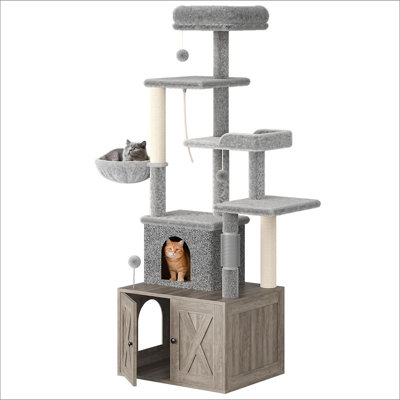 Arbre à chat avec bac à litière, meubles de toilette cachés pour chat, maison pour chaton tout-en-un avec poteaux à griffer, plateforme et condo multiples, tour pour chat de style moderne, hamac
