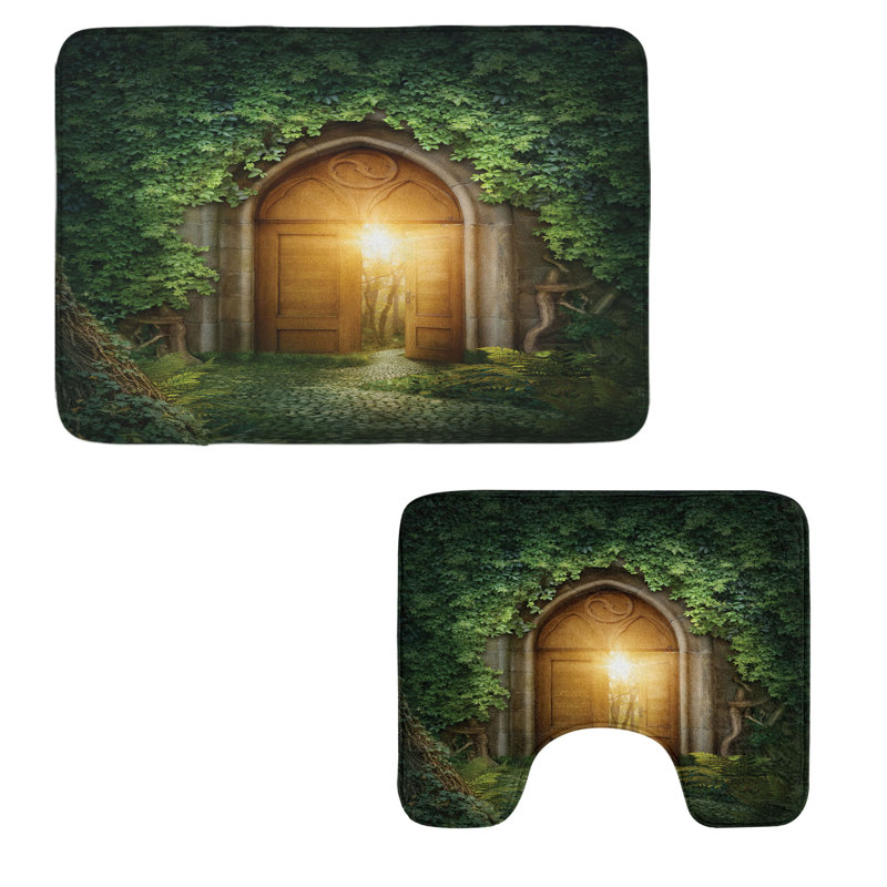  Ensemble de tapis de salle de bain vert 2 pièces rectangulaires et tapis vert et brun