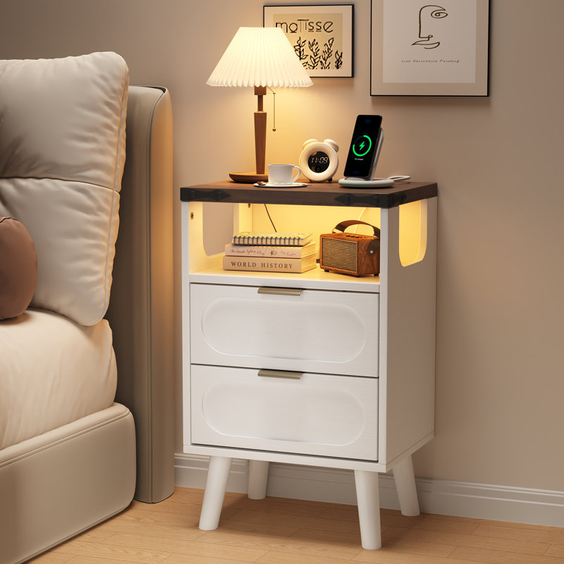 Lumina 15.7'' W Nightstand With Built-In Outlets & Open Shelve-Beside Table With Rgb Led Lights, White, Individual