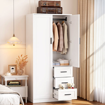 Armoire-penderie avec portes, armoire de chambre à coucher avec 3 tiroirs et penderie-penderie pour le rangement des vêtements, armoire-penderie en bois, idéal pour les chambres à coucher et les vestiaires, blanc