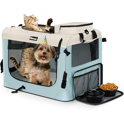 Grand sac à dos pour chat 60,96 cm x 43,18 cm x 43,18 cm, sangle pour animaux à bord doux avec 2 bols, 2 poches, 4 mailles respirantes, sac de transport pliable pour animaux de compagnie, adapté aux chats, chiens, chiots et chatons (bleu)
