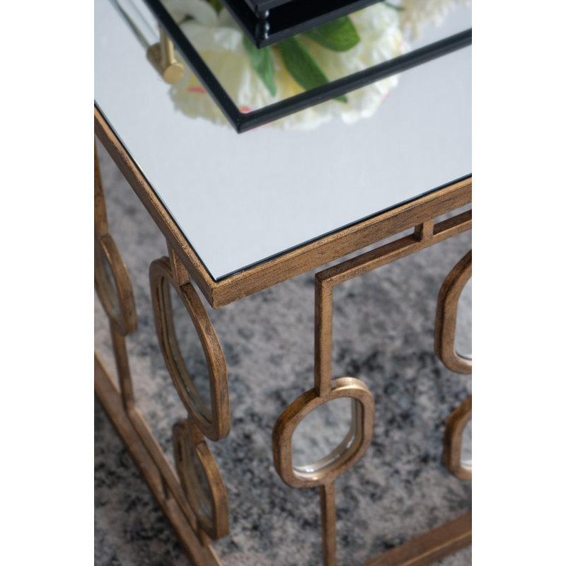 32 Inch Gold Geometric Iron and Glass Coffee Table