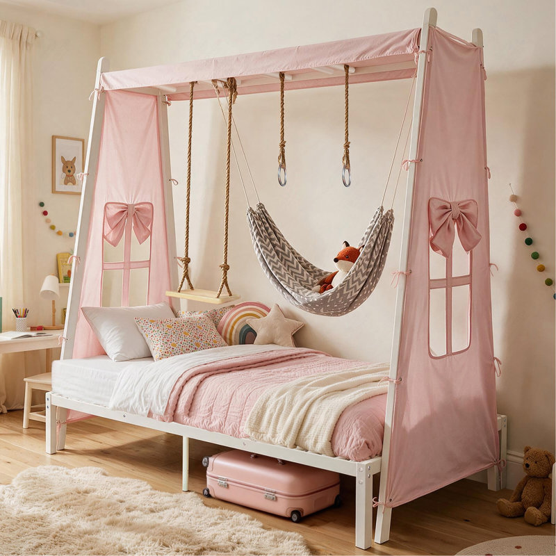 Lit double en métal avec structure en forme de maisonnette, tente de jeu, balançoire, hamac et baldaquin, rose