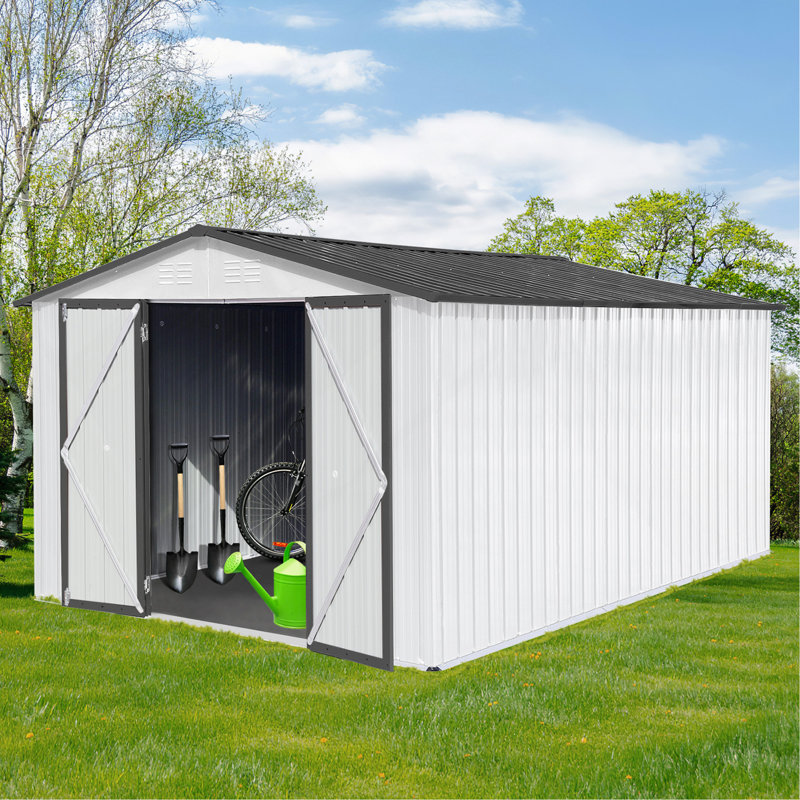 Abri de jardin en métal 12 pi x 10 pi blanc et gris, Blanc / gris foncé