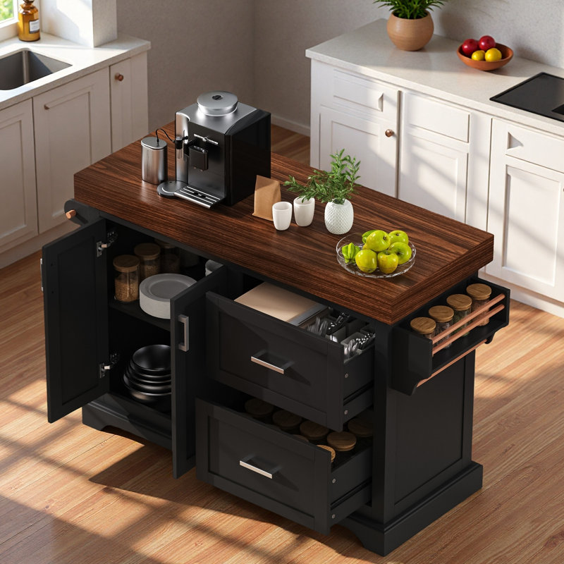 Large Kitchen Island With Thick Desktop, Spice Rack, Towel Rack, 2 Drawers And 5 Wheels, Black