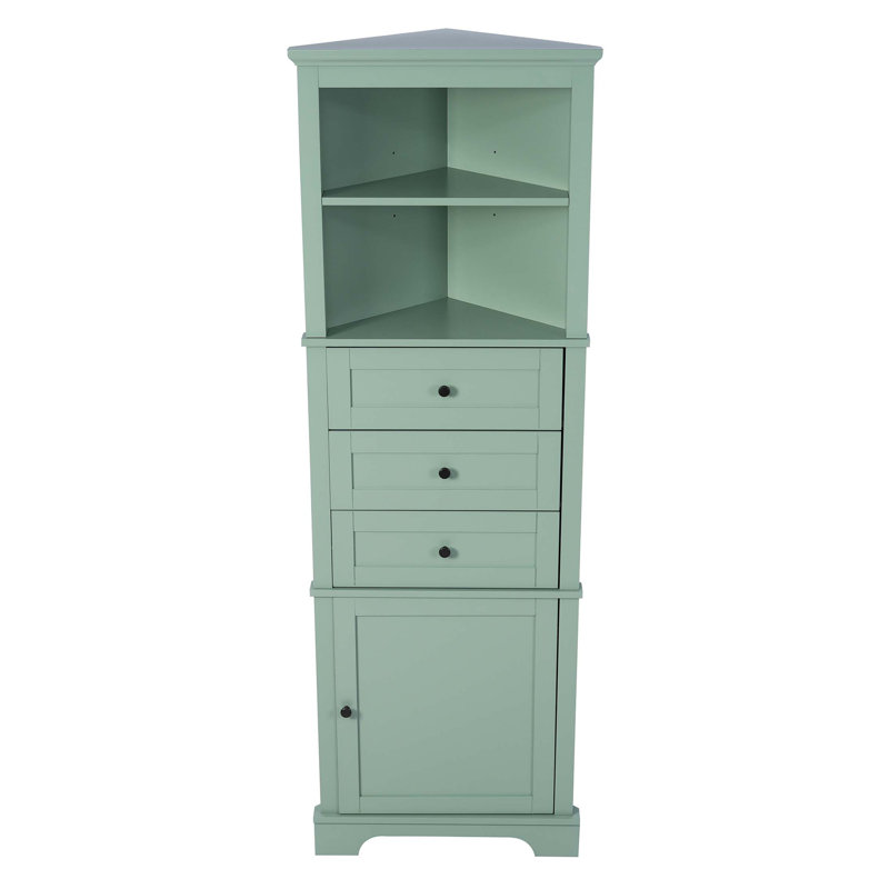 Armoire haute triangulaire avec 3 tiroirs et tablettes réglables pour la salle de bain, la cuisine ou le salon, panneau de fibres à densité moyenne avec finition peinte