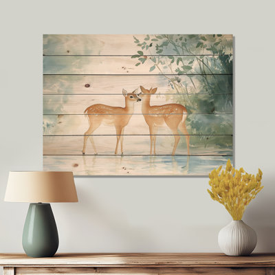 Cerf au bord de la rivière II - impression moderne en bois bleu sur bois de pin naturel
