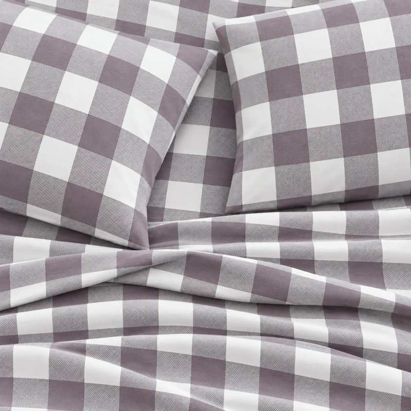 100% Turkish Cotton Flannel Solid & Plaid Sheet Sets, King with 2 Pillowcases, Buffalo Check - Gray