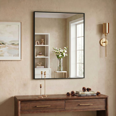 Thin Aluminum Framed Rectangular Bathroom Mirror, Minimalist Wall Mounted Vanity Mirror for Home Decor, Entryway & Bedroom