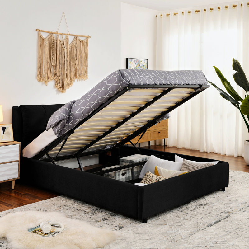 Lit plateforme tapissier hydraulique avec tête de lit intégrée, cadre de lit de chambre à coucher avec espace de rangement