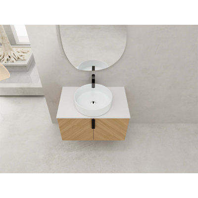 Meuble-lavabo mural avec lavabo d'art en céramique et dalle de pierre artificielle, portes à fermeture en douceur, fabrication en contreplaqué pour un assemblage et un rangement faciles