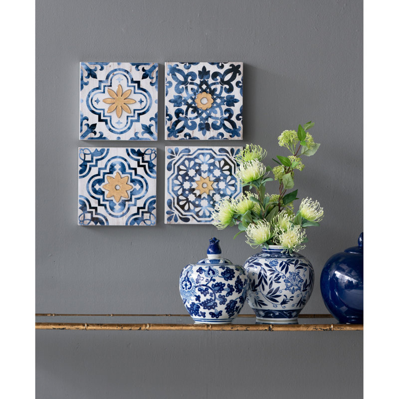 Décoration murale abstraite bleue, blanche et dorée S / 4, 9,5 po x 9,5 po