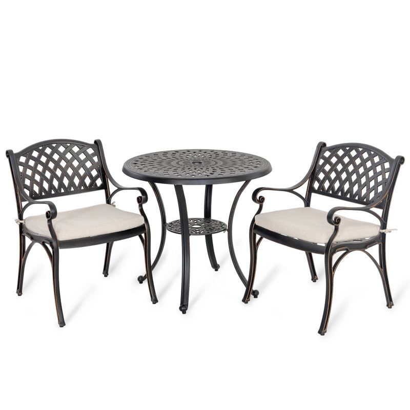 Abery Round 2 - Person 31.5" Aluminum Bistro Set with Cushions(Black with Gold Speckles), Beige