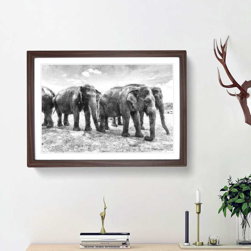 Elephants in Sri Lanka - Picture Frame Painting Print, 45cm H x 63cm W x 2cm D, Walnut Framed