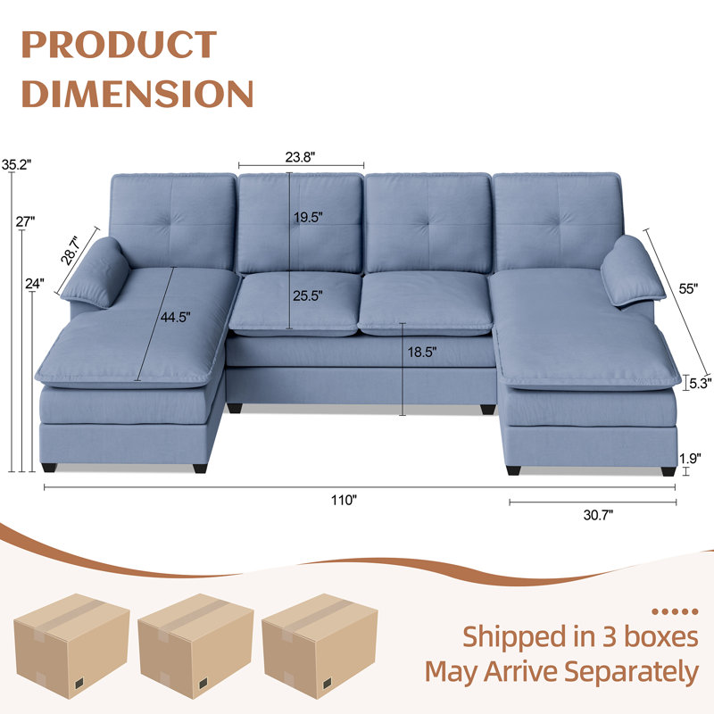  Canapé modulaire 3 pièces Rezarta, Mélange de lin bleu clair