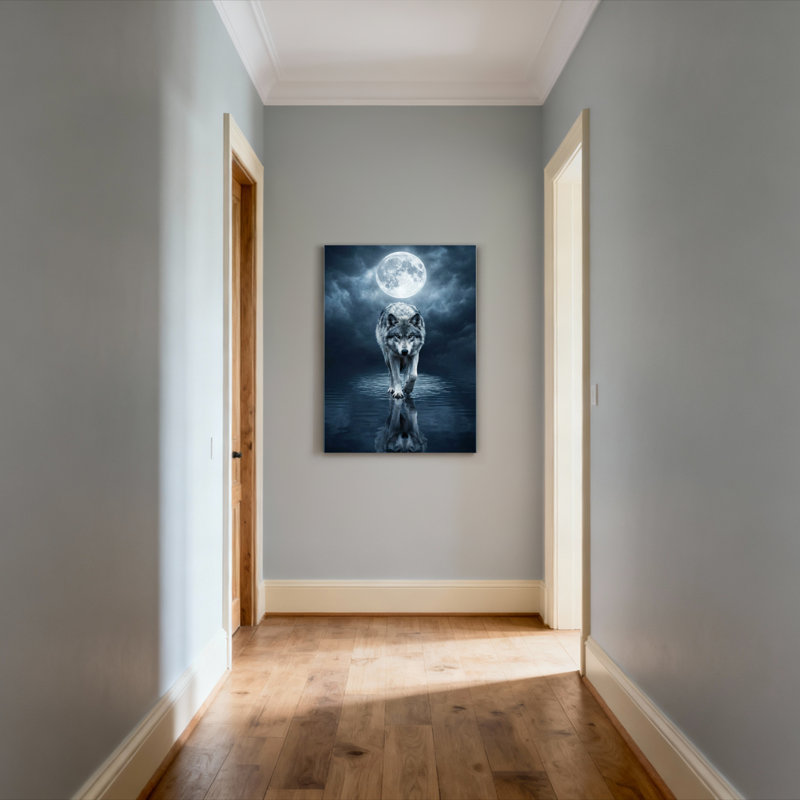 Ensemble de 1 tableau sur toile tendue représentant un loup sous la pleine lune, H 36 po x l 24 po