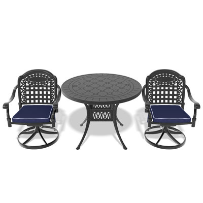 Ensemble de salle à manger 3 pièces en aluminium coulé toutes saisons comprenant 2 chaises pivotantes et une table ronde de 39,37 po avec structure noire