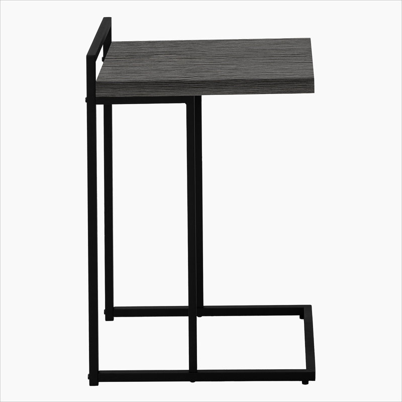 Table d'appoint en forme de C, table de collation latérale contemporaine pour le salon et la chambre à coucher, plateau en stratifié gris avec base en métal noir robuste.