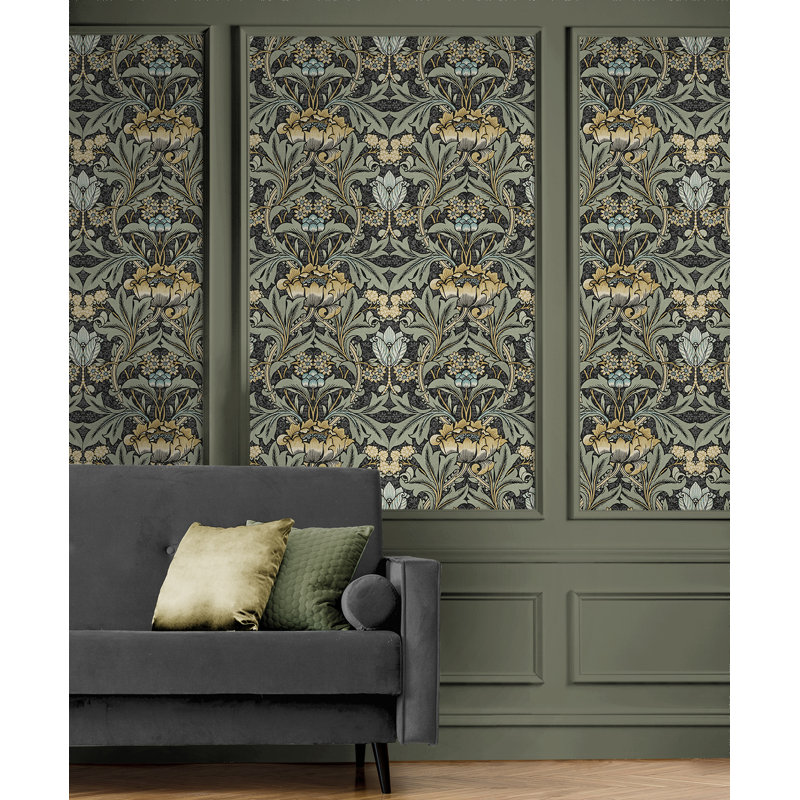 Papier peint floral Nakieshia, Gris anthracite / verge d'or