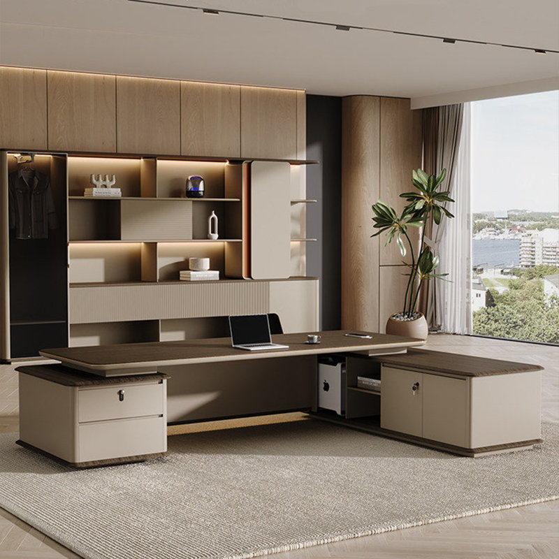 Bureau de direction 94,49 "moderne en forme de L brun minimaliste, 29.53" H x 94.49" W x 78.84" D