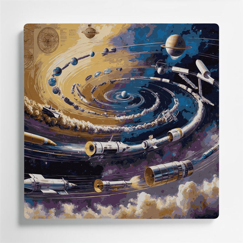 Space Timeline of Space Exploration, art mural en métal gris, H 32 po x l 32 po