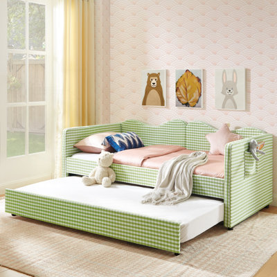 Twin Size Daybed, Gingham Upholstered Daybed Equipped with Pull-Out Trundle Bed Frame & Side Storage Pocket