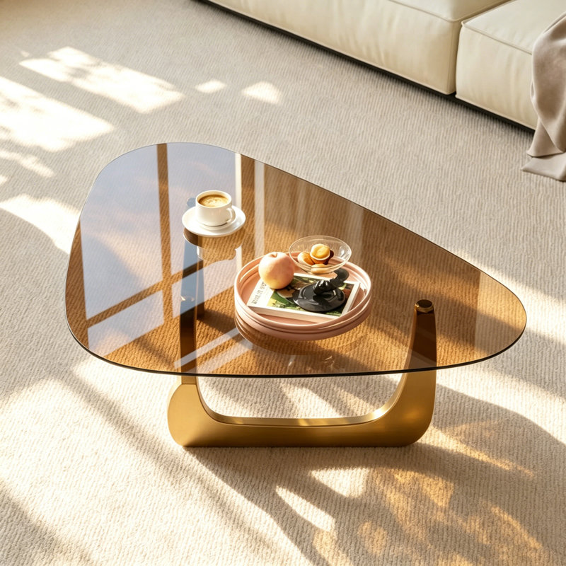 51" Triangle Glass Coffee Table With Solid Wood Base Clear Top Mid Century Center Table For Living Room, Gold