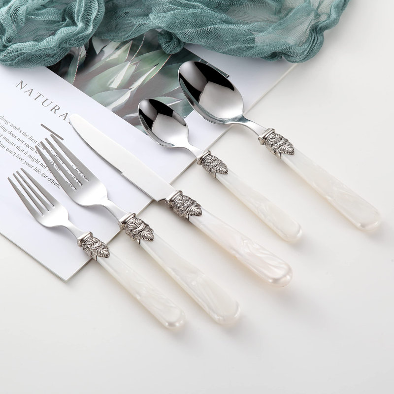 Ensemble de couverts 20 pièces en acier inoxydable rétro - Poignée élégante, lavable au lave-vaisselle, service pour 4, Blanc