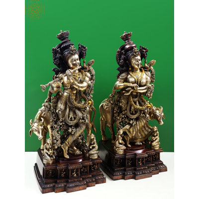 Statue en laiton avec vache 28 po Radha Krishna 28 pi