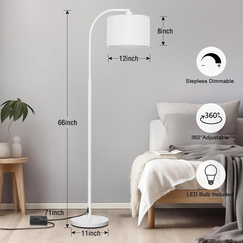 Dimmable Arc Floor Lamp With Adjustable Drum Shade & Led Bulb For Living Room, Bedroom, Office, White