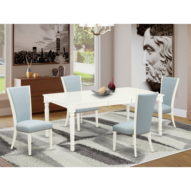 L'ensemble de table de salle à manger 5 pièces comprend une table de cuisine rectangulaire avec feuille papillon et 4 chaises rembourrées en tissu bleu lin, blanc lin
