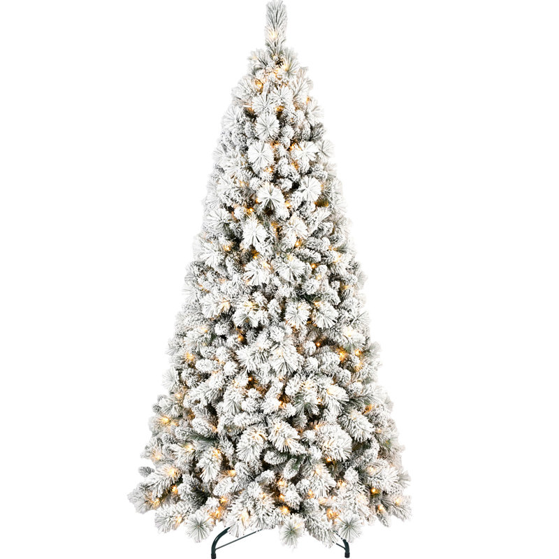 Arbre de Noël 7,5 pi floqué avec 500 lumières blanc chaud, 1252 pointes réalistes, branches enneigées et à aiguilles dures, structure à charnières pour une installation rapide, support en métal robuste pour les fêtes, plein