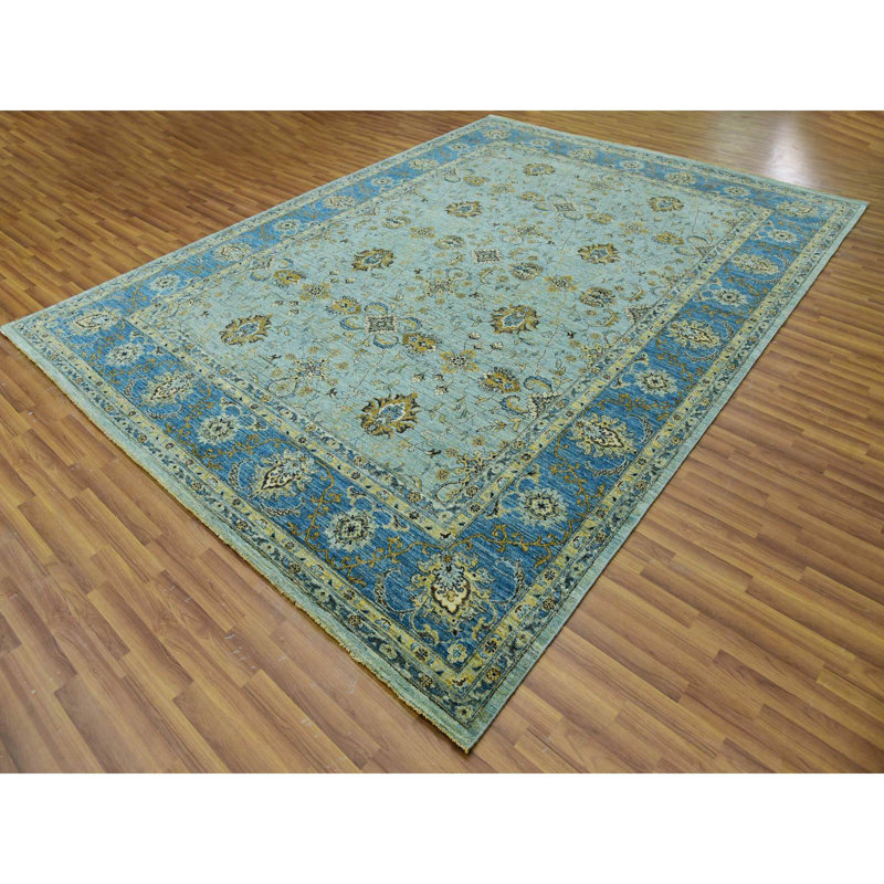 Tapis bleu en laine noué à la main 9 pi 1 po x 12 pi 3 po C12FFDA18AE445B9B6F80E325ACA297B
