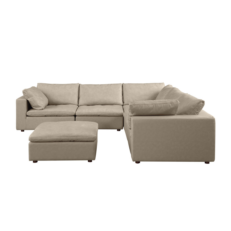 Canapé modulaire 6 pièces Raynolds - Revêtement en cuir italien fleur, Cuir véritable beige