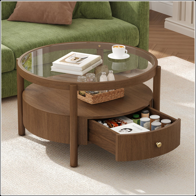 Table basse ronde en bois massif avec plateau de rangement en verre massif, table de centre circulaire moderne Mid-Century à 2 niveaux, table basse en bois de noyer pour le salon