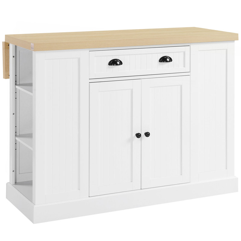 Îlot de cuisine de 47 po en bois cannelé, armoire de rangement de comptoir avec rallonge, tiroir, tablettes ouvertes, rangement, blanc