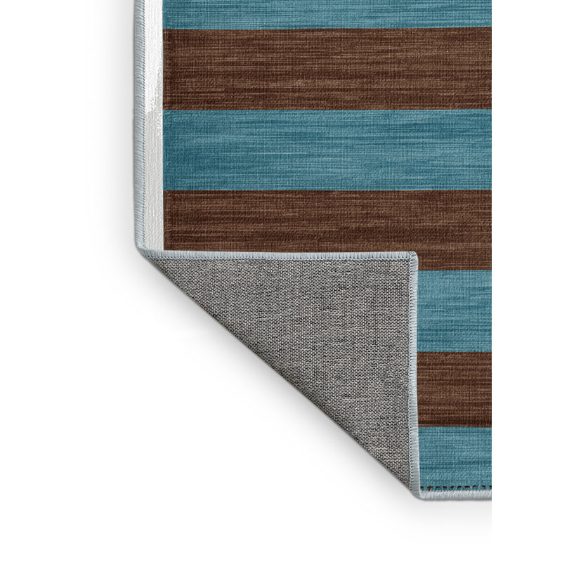 Tapis bleu à rayures horizontales lavable à la machine, Carré 4 pi