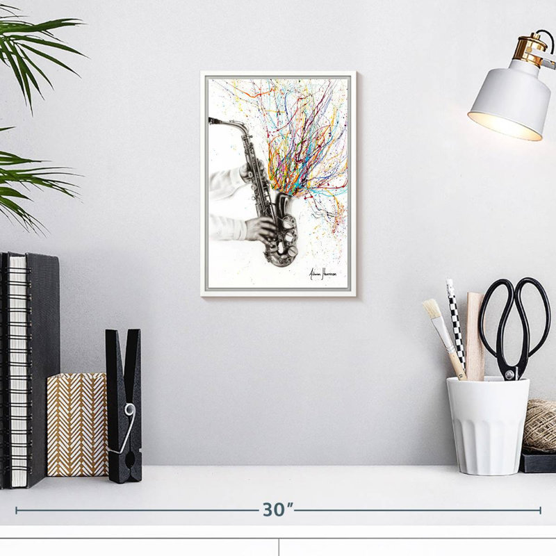 Le saxophone jazz, 9" x 13", Floating Frame White
