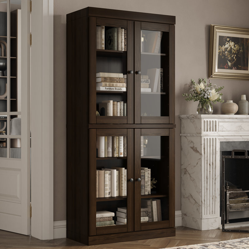 Veera 100% Solid Wood Tall Bookcase with Glass Doors, Adjustable Shelves, Modular Storage Bookshelf, 32" W x 71.5" H