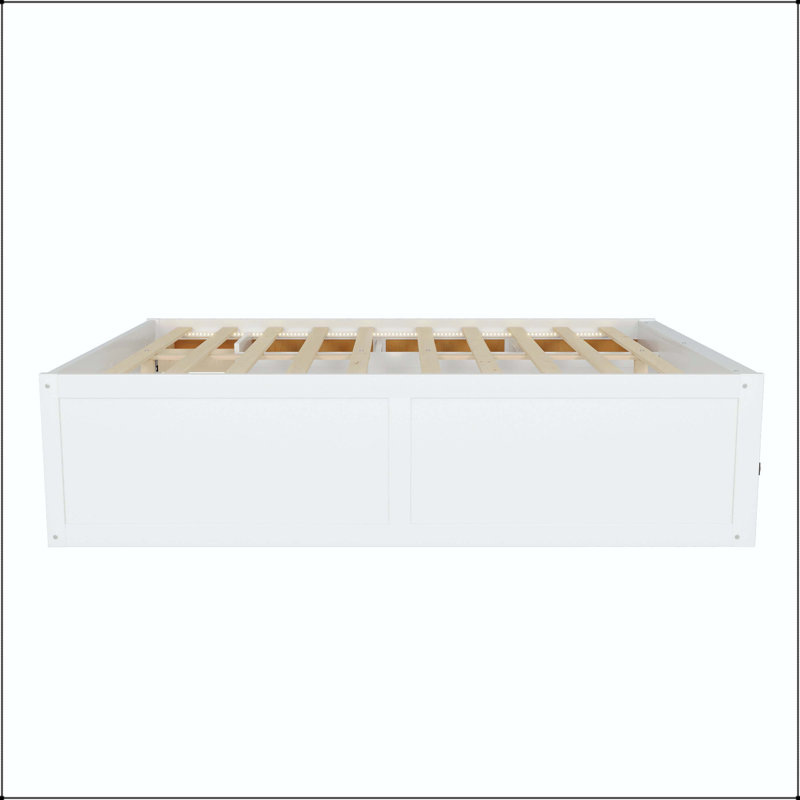 Lit plateforme en bois avec bibliothèque, vitrine et lumière DEL, Grand lit, Blanc et naturel