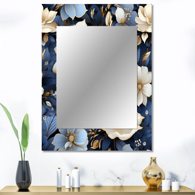 Jonesy White Blue Nightfall Floral Elegance - miroir mural décoratif floral, miroir de chalet, impression d'art en métal