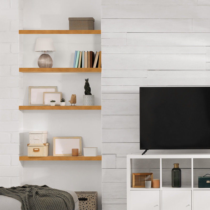 Sorbus Wood Floating Shelves for Wall - Long 16” Solid Wood Wall Shelves for Bathroom Decor, Books, Bedroom & Living Room - Set of 2, Maple