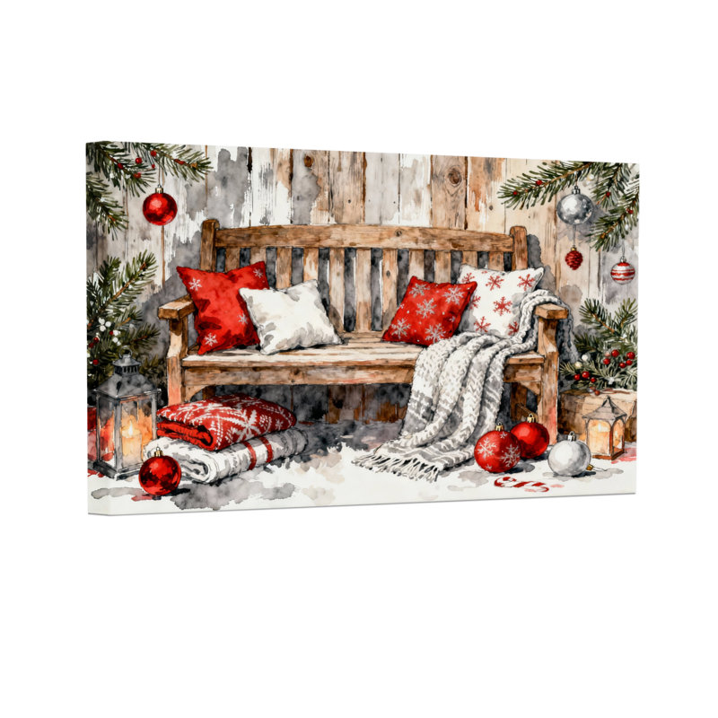Ensemble de 3 impressions sur toile, banc de Noël avec coussins et ornements, H 12 po x l 18 po